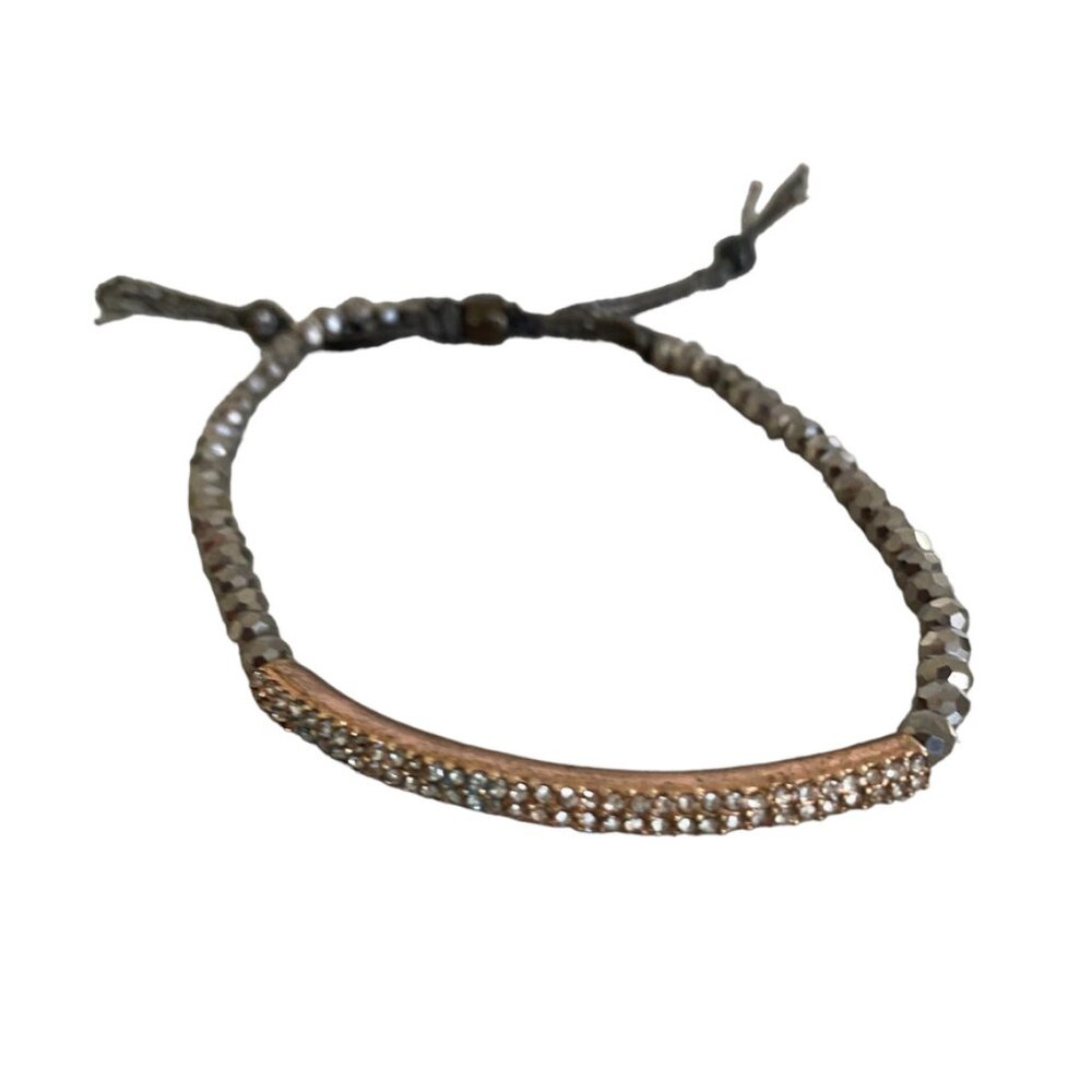 Stella and Dot Tribute Bracelet Grey Crystal Bead Rose Gold Tone Bar 6.5” - 8”